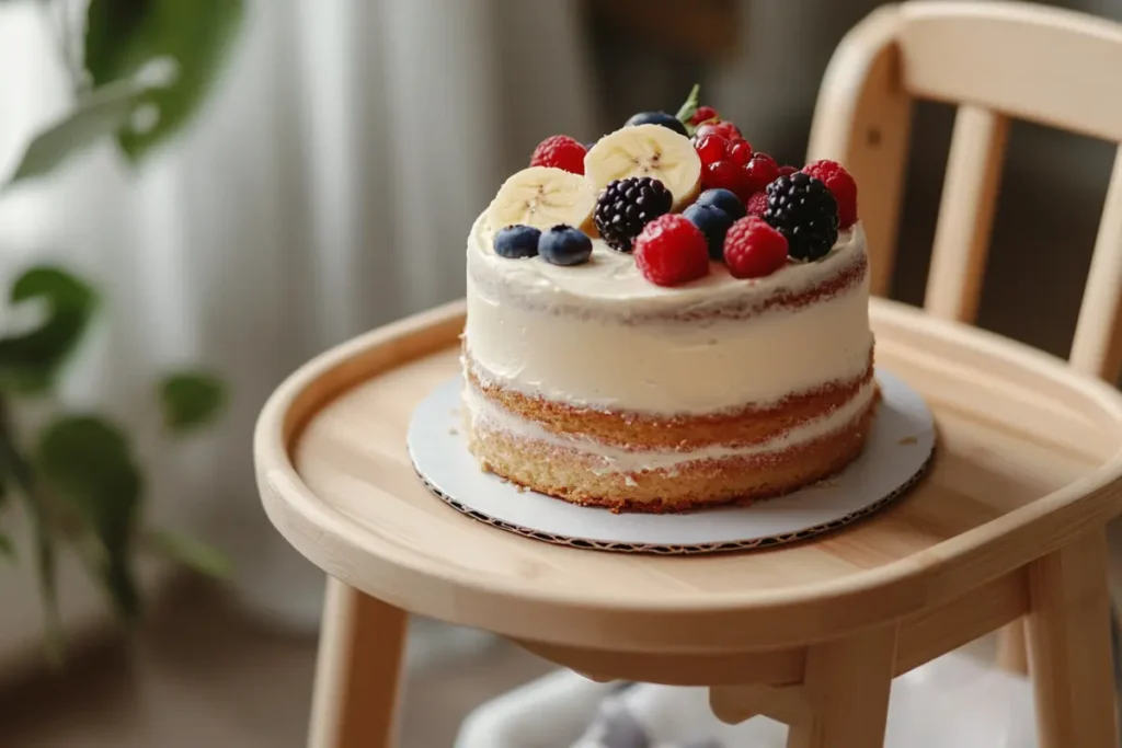 A healthy homemade smash cake with Greek yogurt frosting and fresh fruit