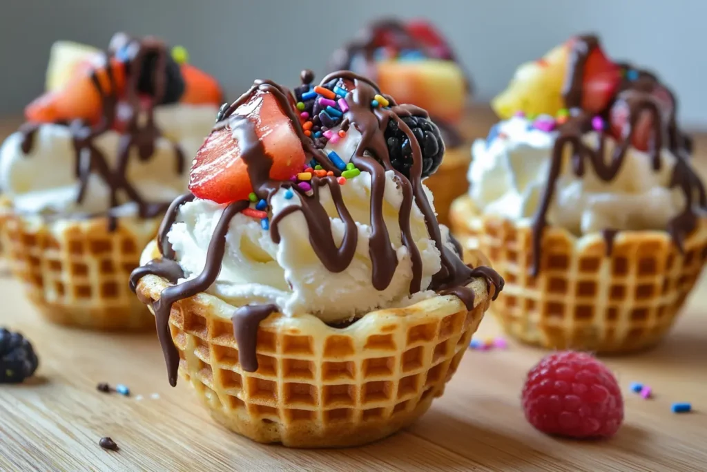 Homemade ice cream cups with toppings