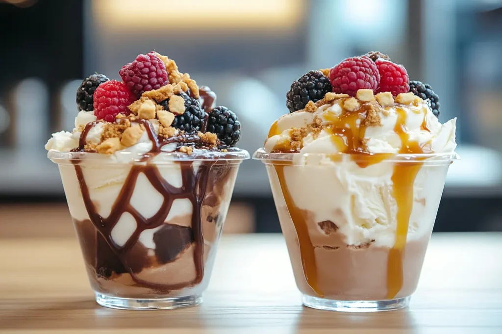 Vanilla and chocolate ice cream cups with toppings