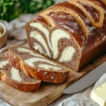 Sliced marble rye bread showing its signature swirl.