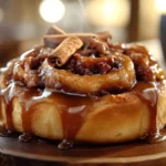 Gooey dirty cinnamon roll with caramelized layers and espresso glaze