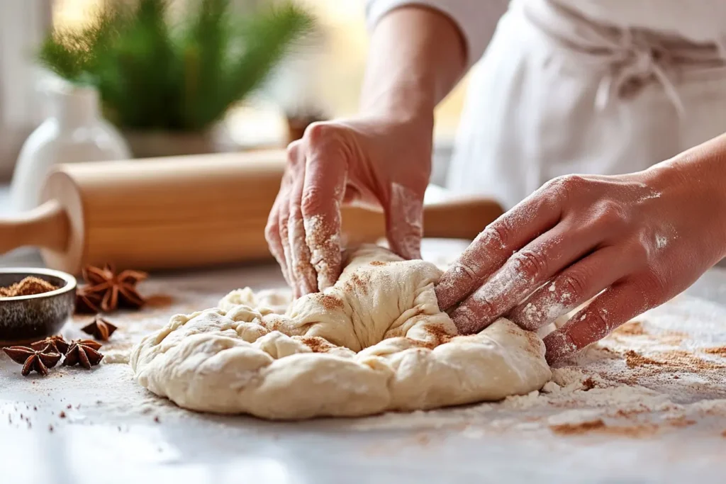 Hands kneading cinnamon roll dough with flour and spices