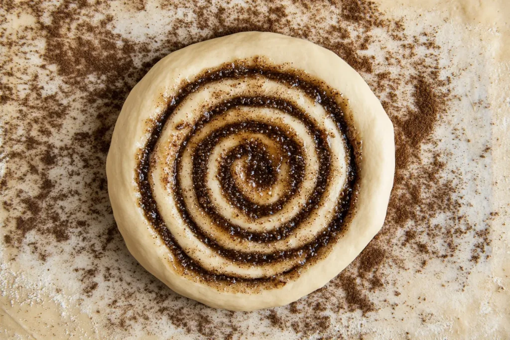 Cinnamon roll dough spread with molasses and espresso filling