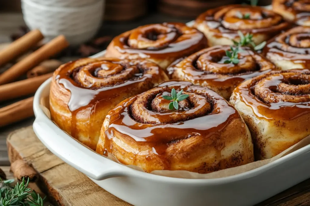 Freshly baked dirty cinnamon rolls with espresso glaze