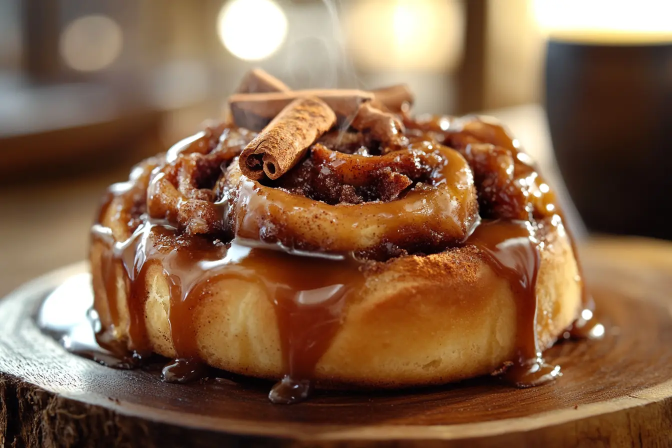 Gooey dirty cinnamon roll with caramelized layers and espresso glaze