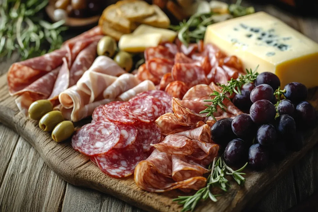 Stunning charcuterie board with meats, cheeses, and fruits.