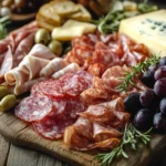 Stunning charcuterie board with meats, cheeses, and fruits.