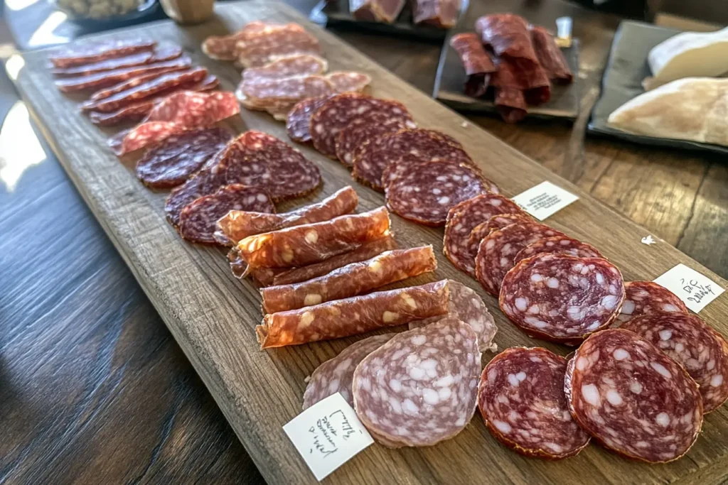 Different types of charcuterie meats labeled on a board.