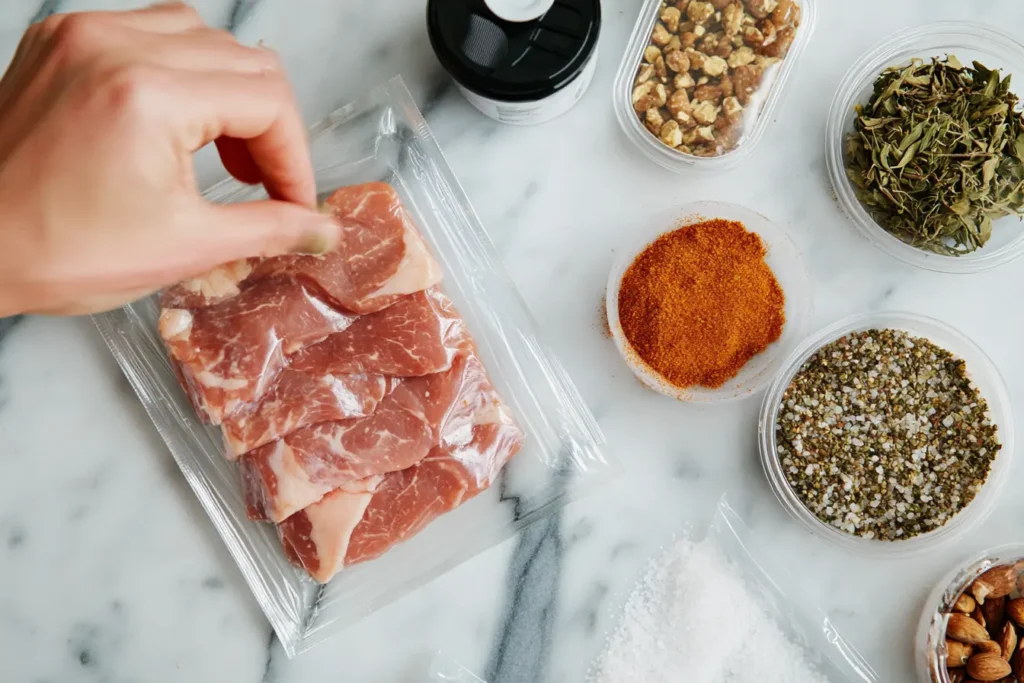 A chef curing meats at home with spices and salt.