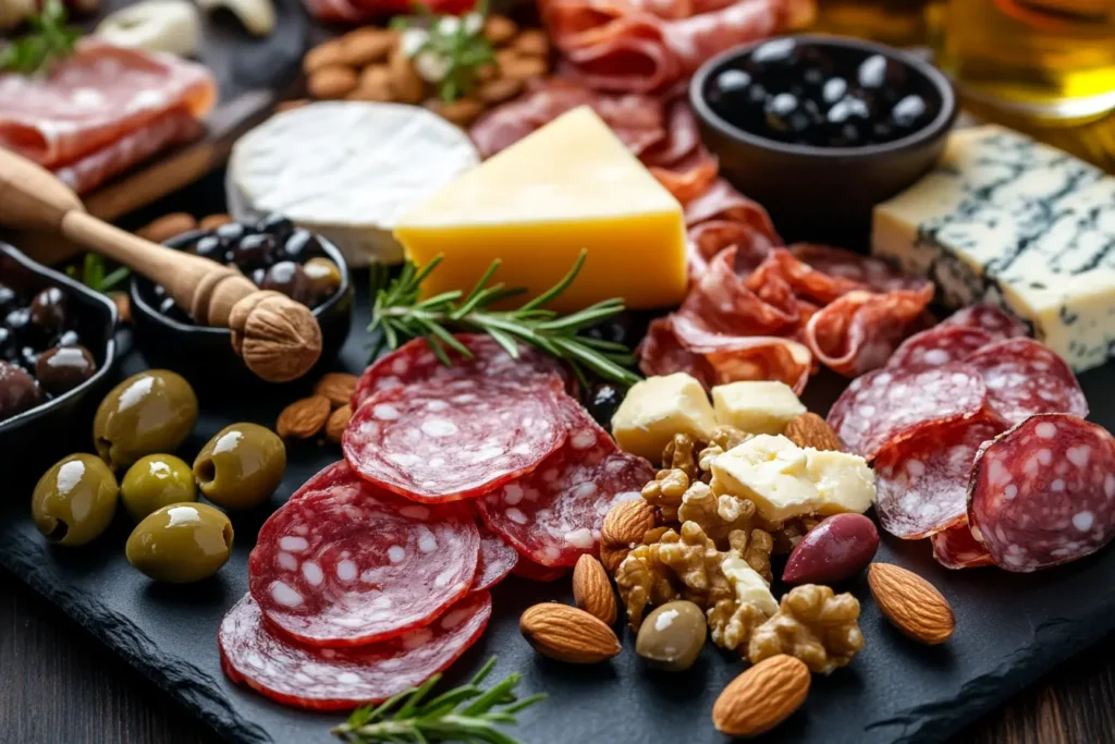 Elegant charcuterie board with meats, cheeses, and condiments.