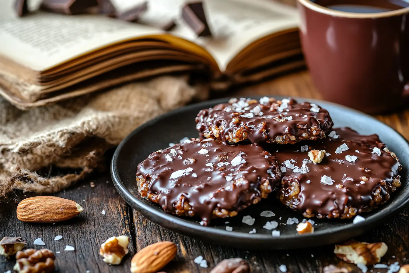 Homemade chocolate rice cakes with melted chocolate and nuts