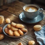 A variety of homemade French cookies on a rustic wooden table