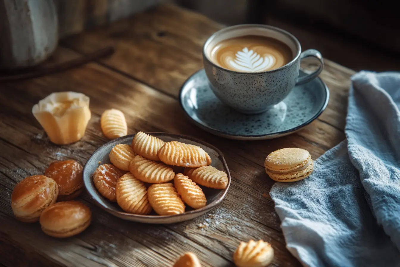 A variety of homemade French cookies on a rustic wooden table