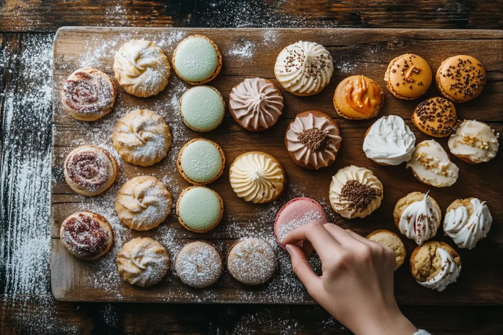 A labeled assortment of French cookies on a wooden board.