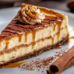 Cinnamon Roll Cheesecake Slice with Caramel Drizzle