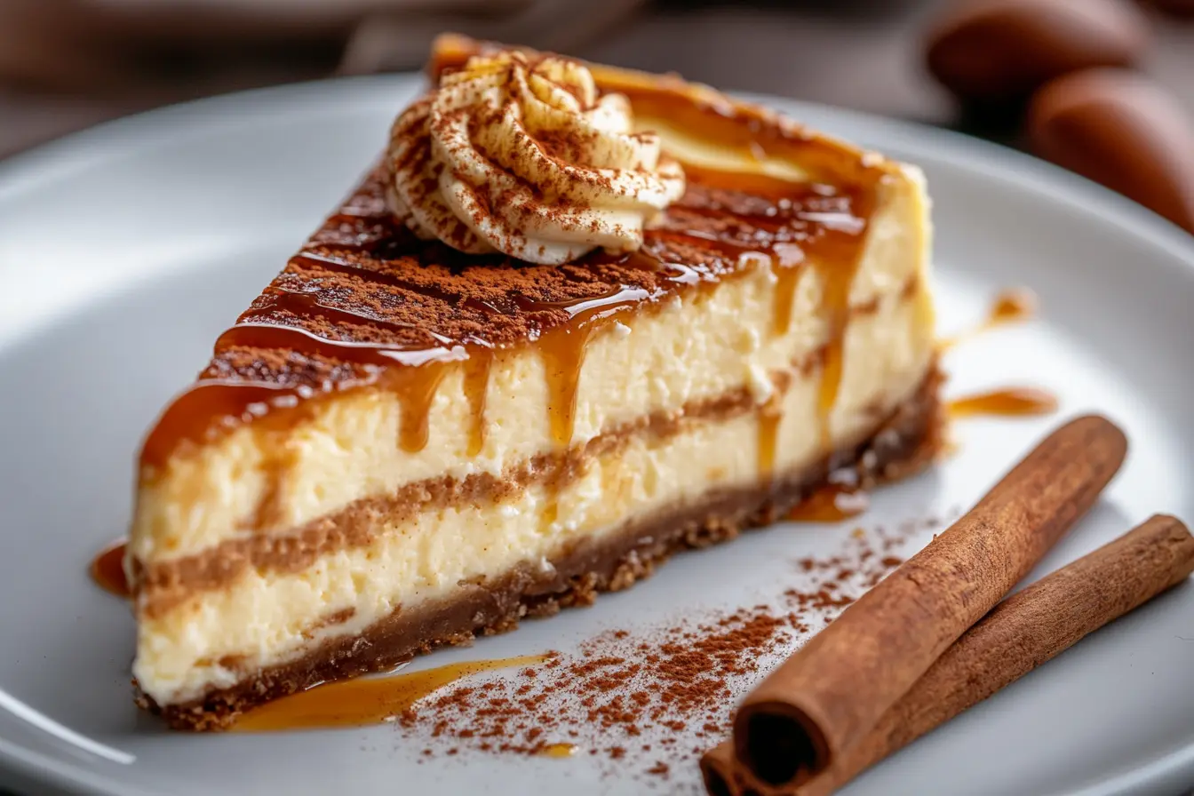 Cinnamon Roll Cheesecake Slice with Caramel Drizzle