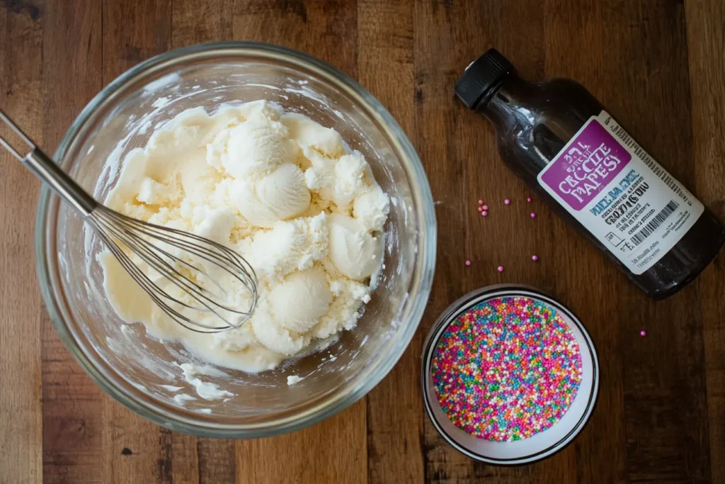 Ingredients for homemade birthday cake ice cream, including cream, sugar, sprinkles, and vanilla.