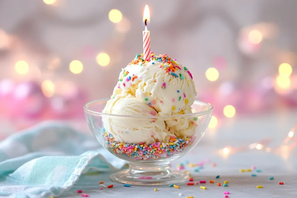 A scoop of birthday cake ice cream in a dessert bowl with whipped cream and sprinkles.