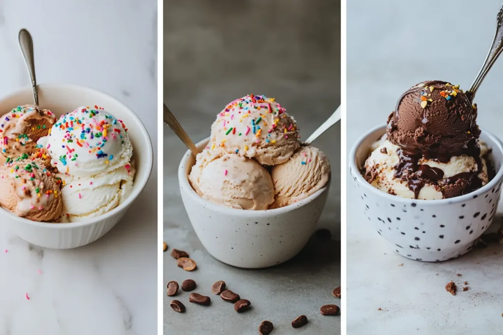 Three variations of birthday cake ice cream: dairy-free, gluten-free, and chocolate-infused.