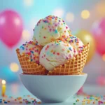 A scoop of homemade birthday cake ice cream with sprinkles in a waffle cone.