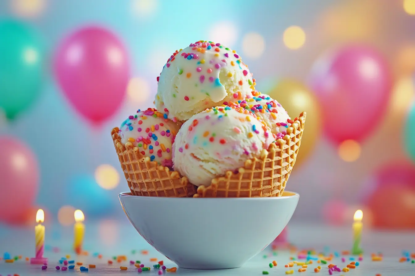 A scoop of homemade birthday cake ice cream with sprinkles in a waffle cone.