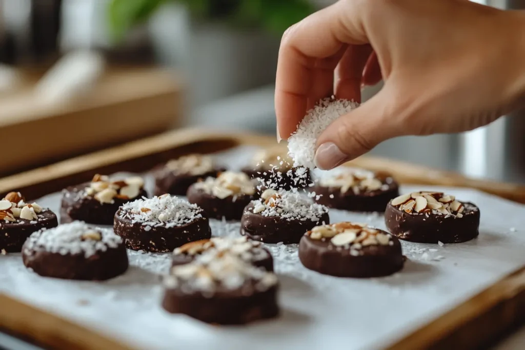 Adding toppings to homemade chocolate rice cakes