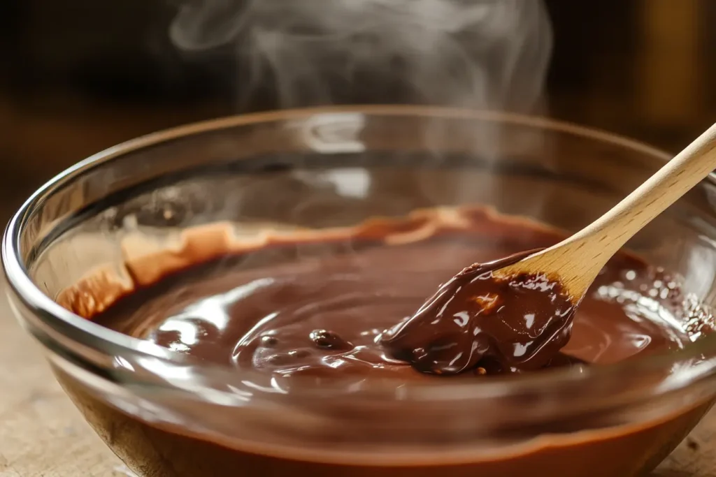 Bowl of melted chocolate being stirred for coating rice cakes